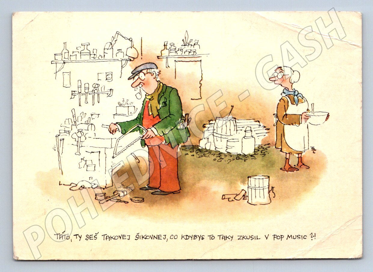 Vladimír Renčín 1982 Dad and pop music funny drawing (M2517)