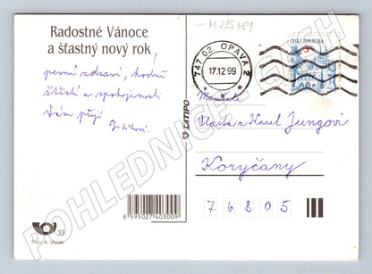 Pohlednice vánoční motiv svíčka ozdoby 1999 (M25181)