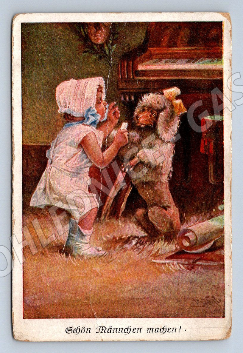 Postcard little girl and poodle painting (M2522)