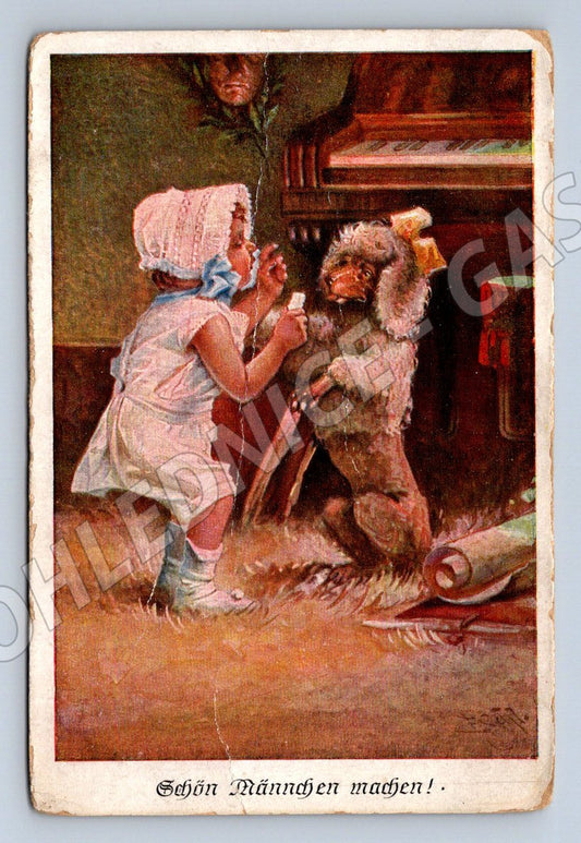 Postcard little girl and poodle painting (M2522)
