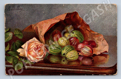 Postcard gooseberry and rose painting (M2526)