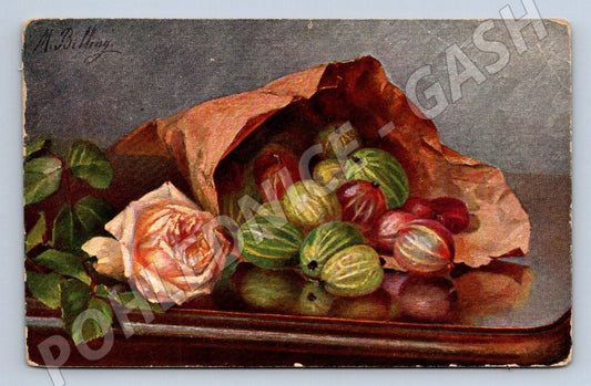 Postcard gooseberry and rose painting (M2526)