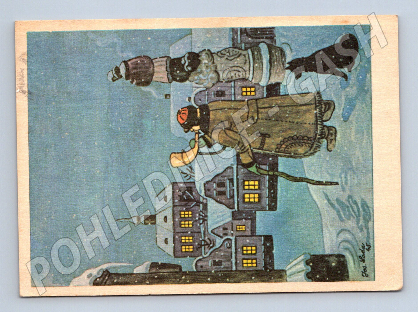 Pohlednice zimní scéna muž s rohem 1974 (M25300)