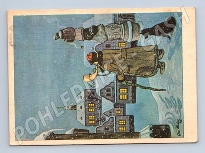 Pohlednice zimní scéna muž s rohem 1974 (M25300)