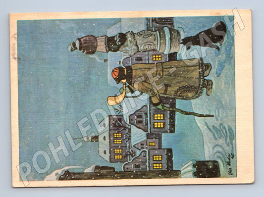Pohlednice zimní scéna muž s rohem 1974 (M25300)