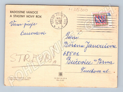 Pohlednice zimní scéna muž s rohem 1974 (M25300)