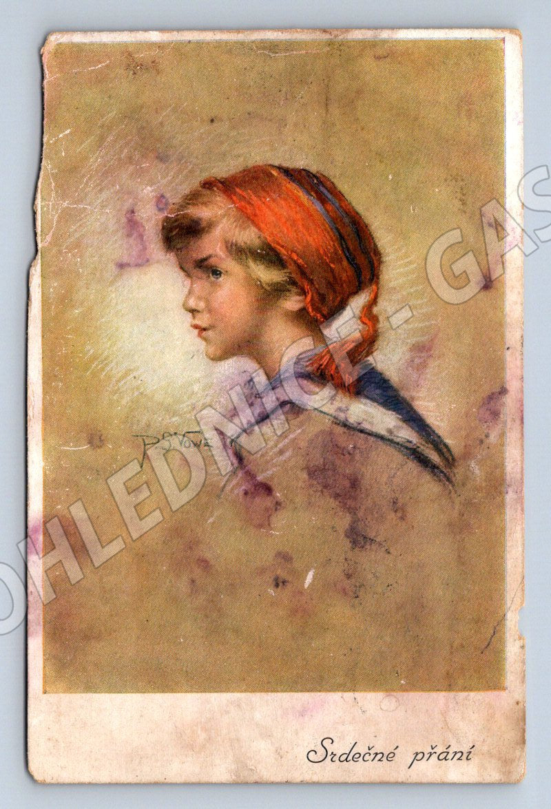 Postcard angel with red scarf P. Slovák (M2532)