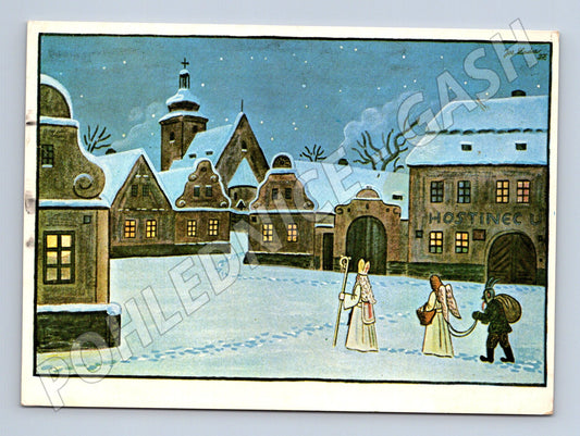 Pohlednice vánoční Mikuláš anděl čert 1976 (M25338)
