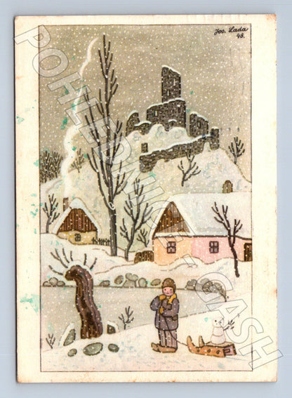 Pohlednice zimní krajina Josef Lada 1954 (M25349)