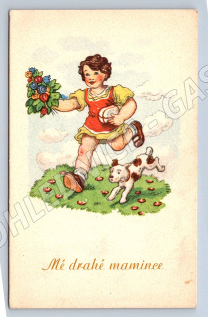 Postcard girl with dog To my dear mom (M2535)