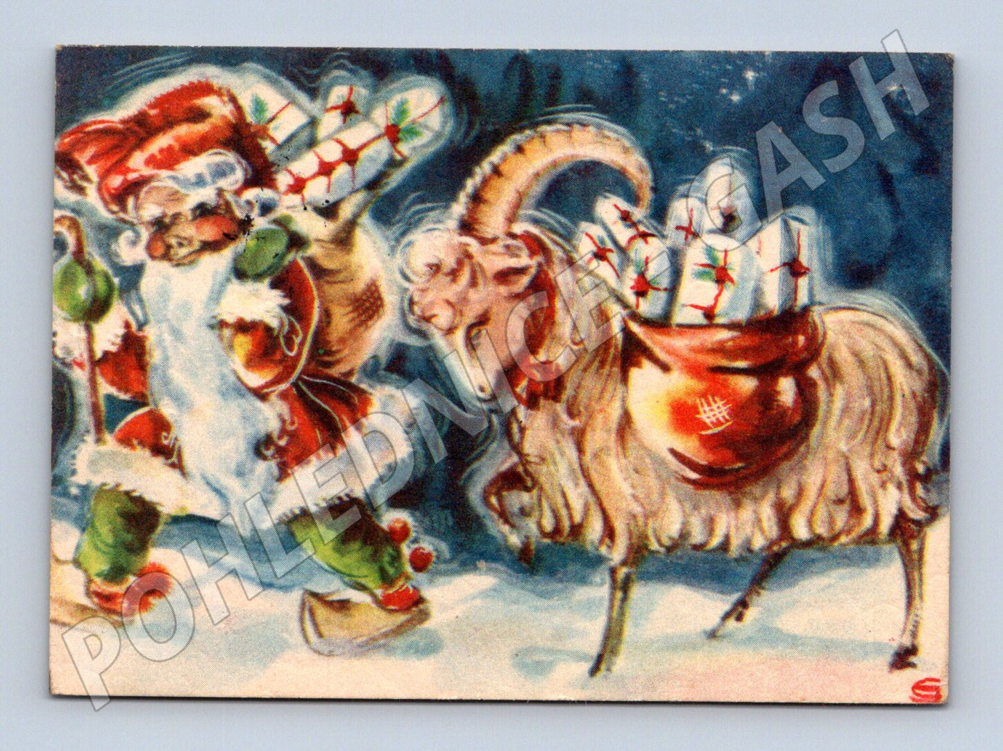 Pohlednice Švédsko vánoční Santa a koza s dárky (M25356)