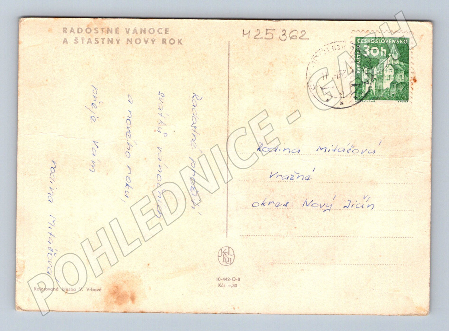 Pohlednice Vánoce dítě zdobí stromeček cca 1960s (M25362)