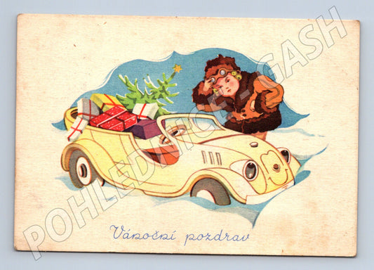 Pohlednice Vánoční pozdrav auto dárek (M25363)
