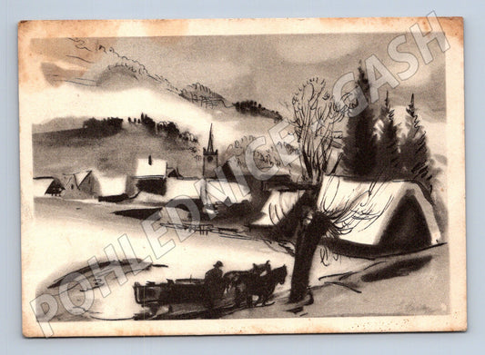 Pohlednice zimní krajina vesnice s kostelem 1951 (M25372)