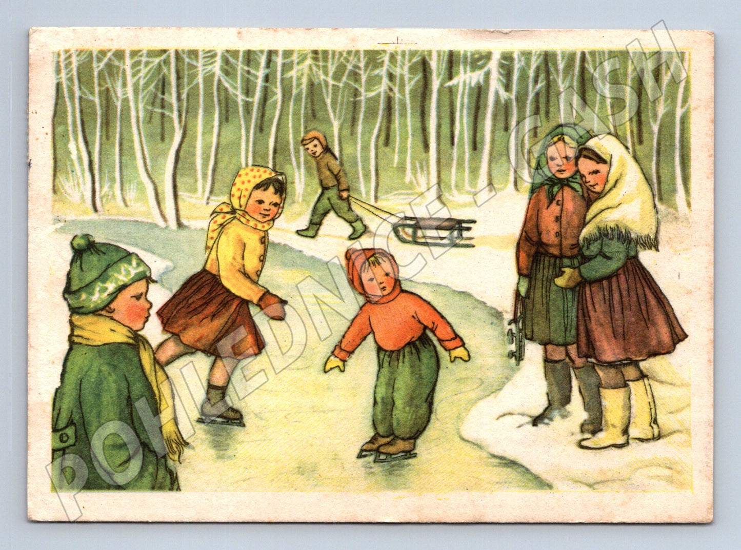Pohlednice Vánoční děti bruslení 1956 (M25376)