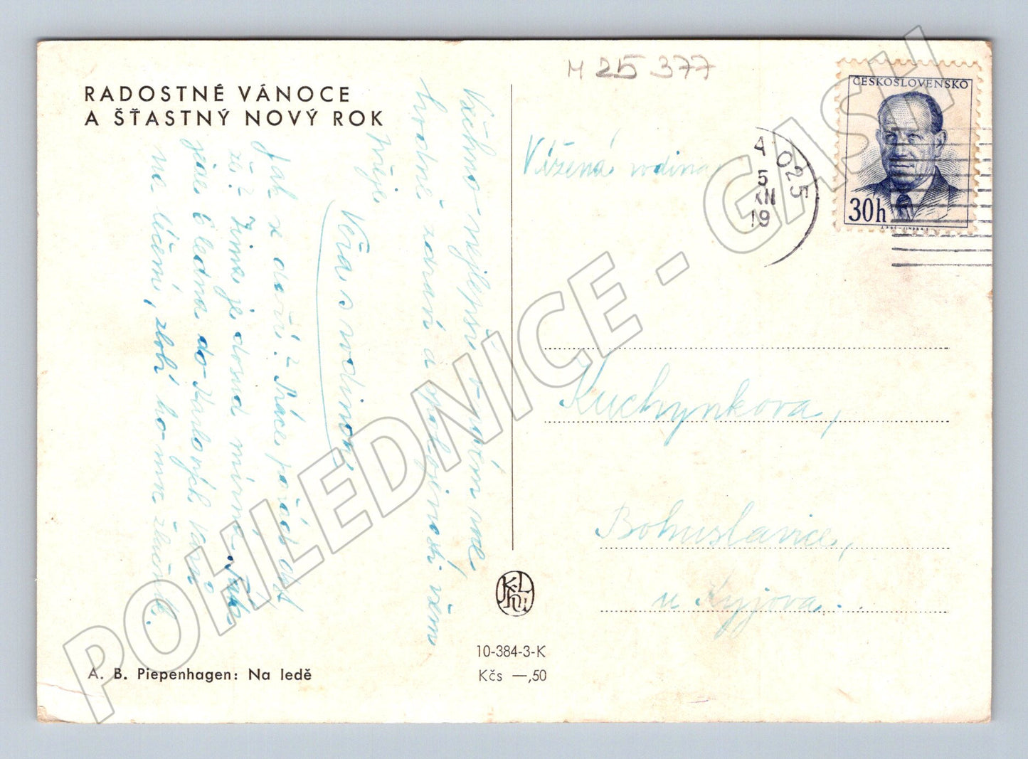 Pohlednice zimní krajina bruslaři 1950 (M25377)