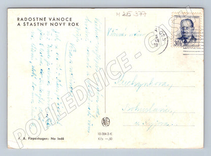 Pohlednice zimní krajina bruslaři 1950 (M25377)