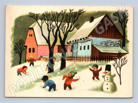 Pohlednice zimní scéna děti sněhulák 1969 (M25378)