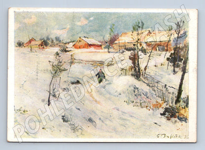 Pohlednice zimní krajina vesnice 1952 (M25379)