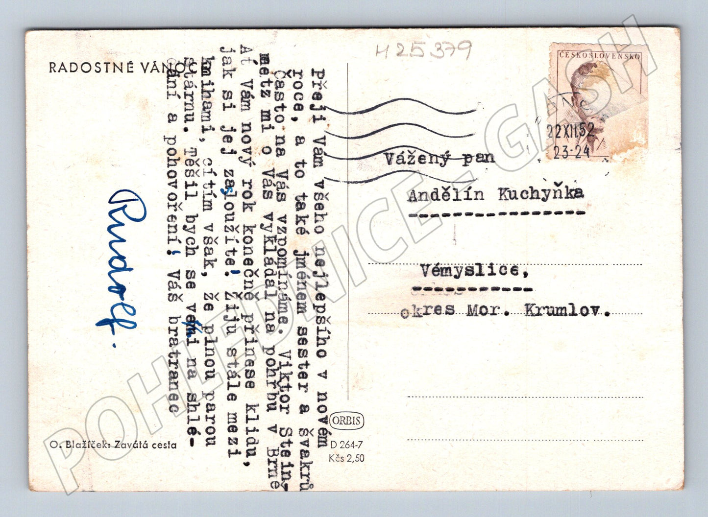 Pohlednice zimní krajina vesnice 1952 (M25379)