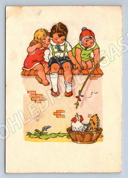 Postcard children and hens folk motif (M2538)