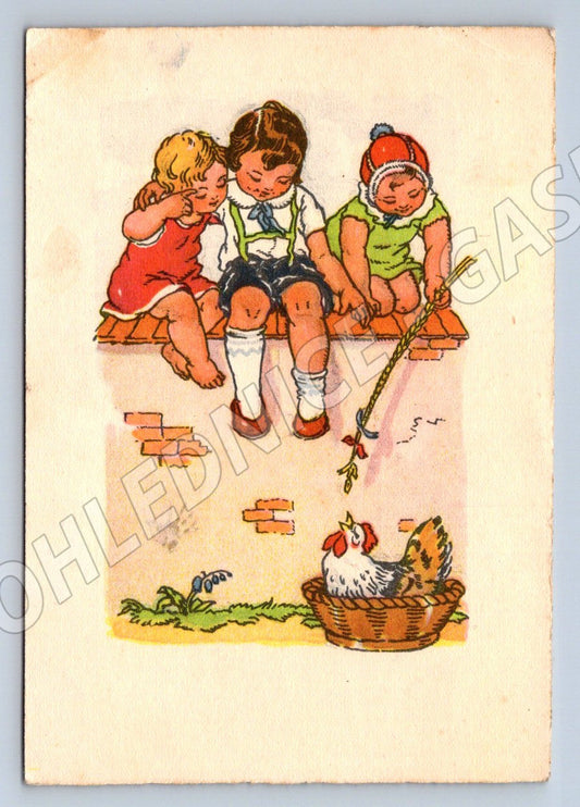 Postcard children and hens folk motif (M2538)