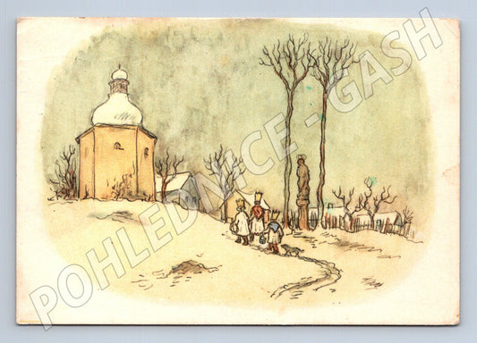 Pohlednice Zimní novoroční scéna s kostelem 1954 (M25383)