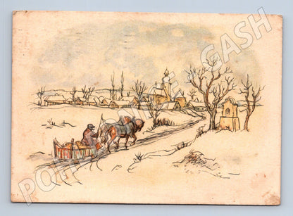 Pohlednice Vánoční zimní krajina s kostelem 1954 (M25384)