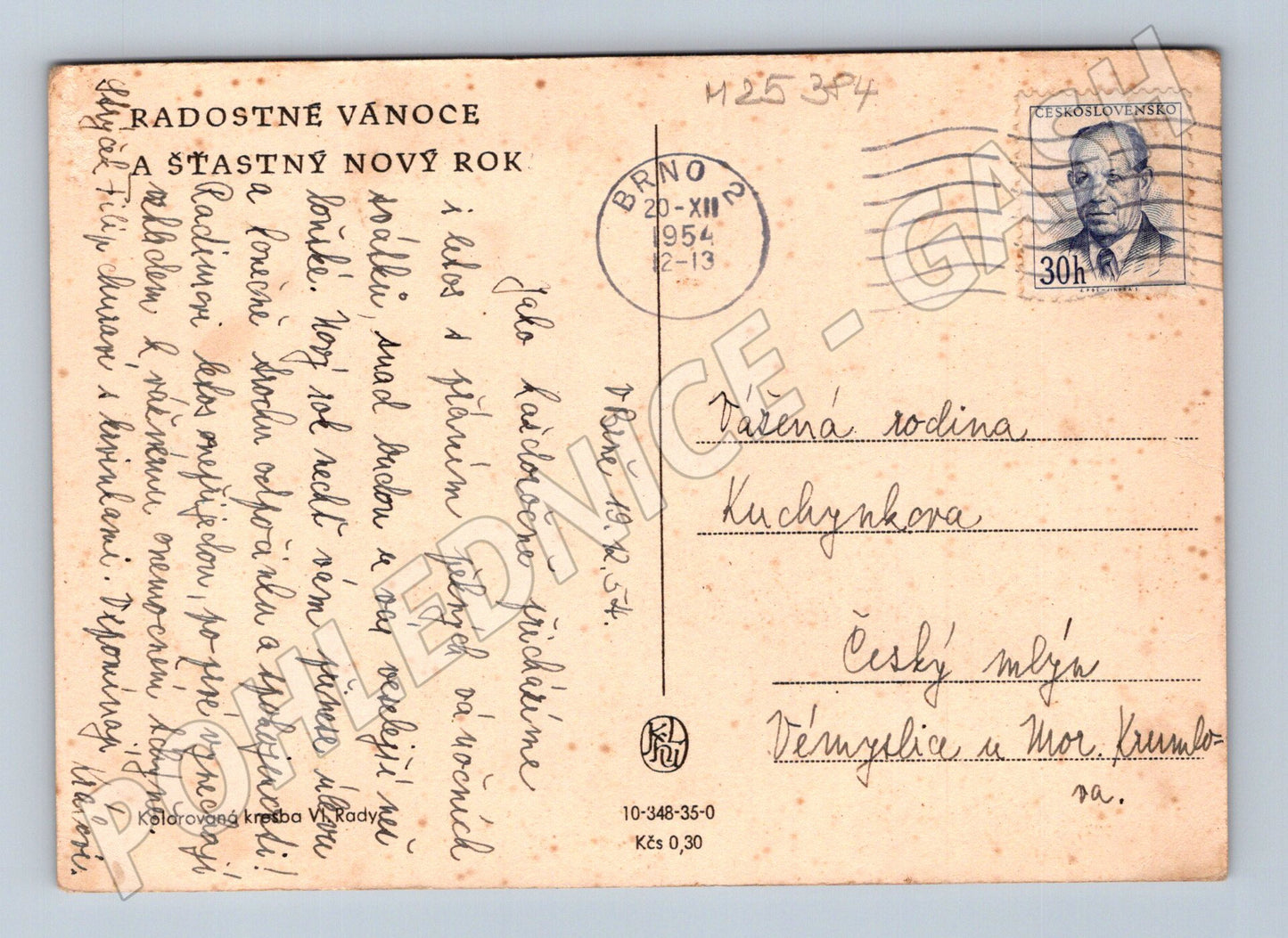 Pohlednice Vánoční zimní krajina s kostelem 1954 (M25384)