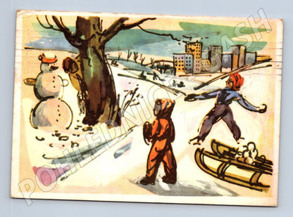 Pohlednice zimní scéna děti sněhulák 1967 (M25388)