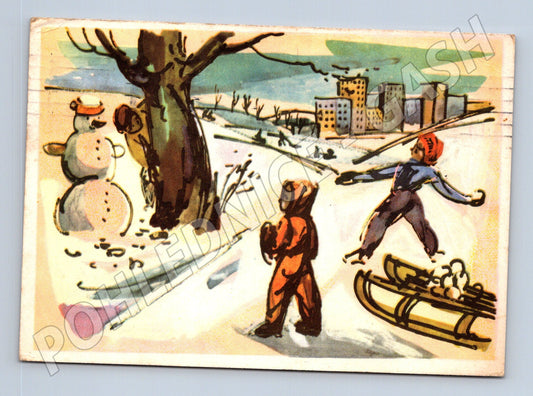 Pohlednice zimní scéna děti sněhulák 1967 (M25388)
