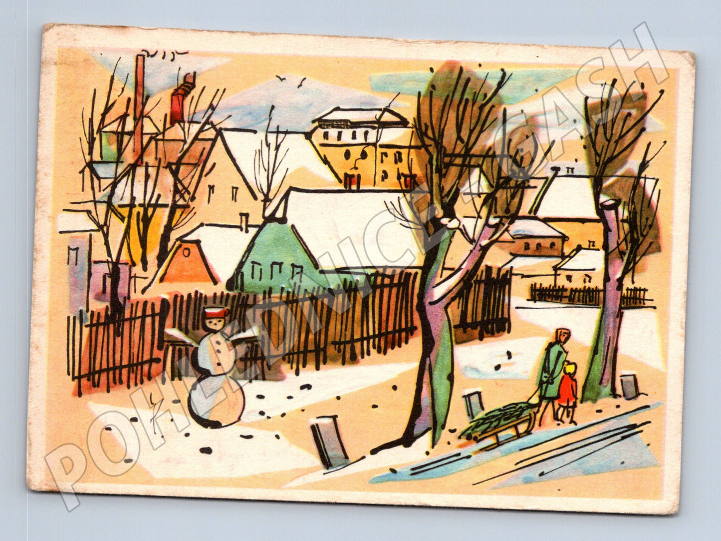 Pohlednice zimní scéna sněhulák 1964 (M25389)