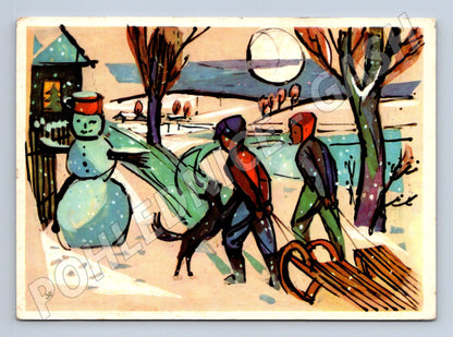 Pohlednice zimní motiv děti sněhulák sáňky 1960 (M25390)