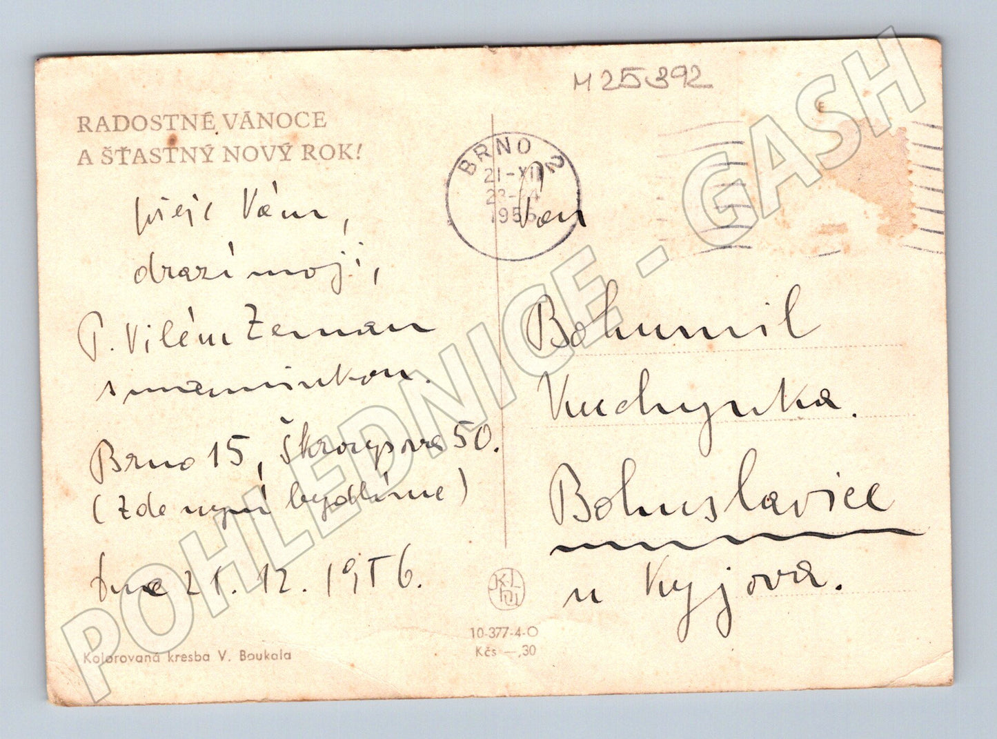 Pohlednice zimní humor padající postavy sníh Vánoce 1956 (M25392)