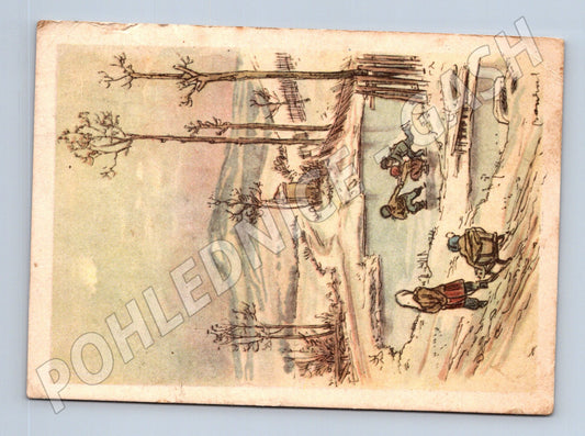 Pohlednice zimní scéna děti na saních 1935 (M25393)