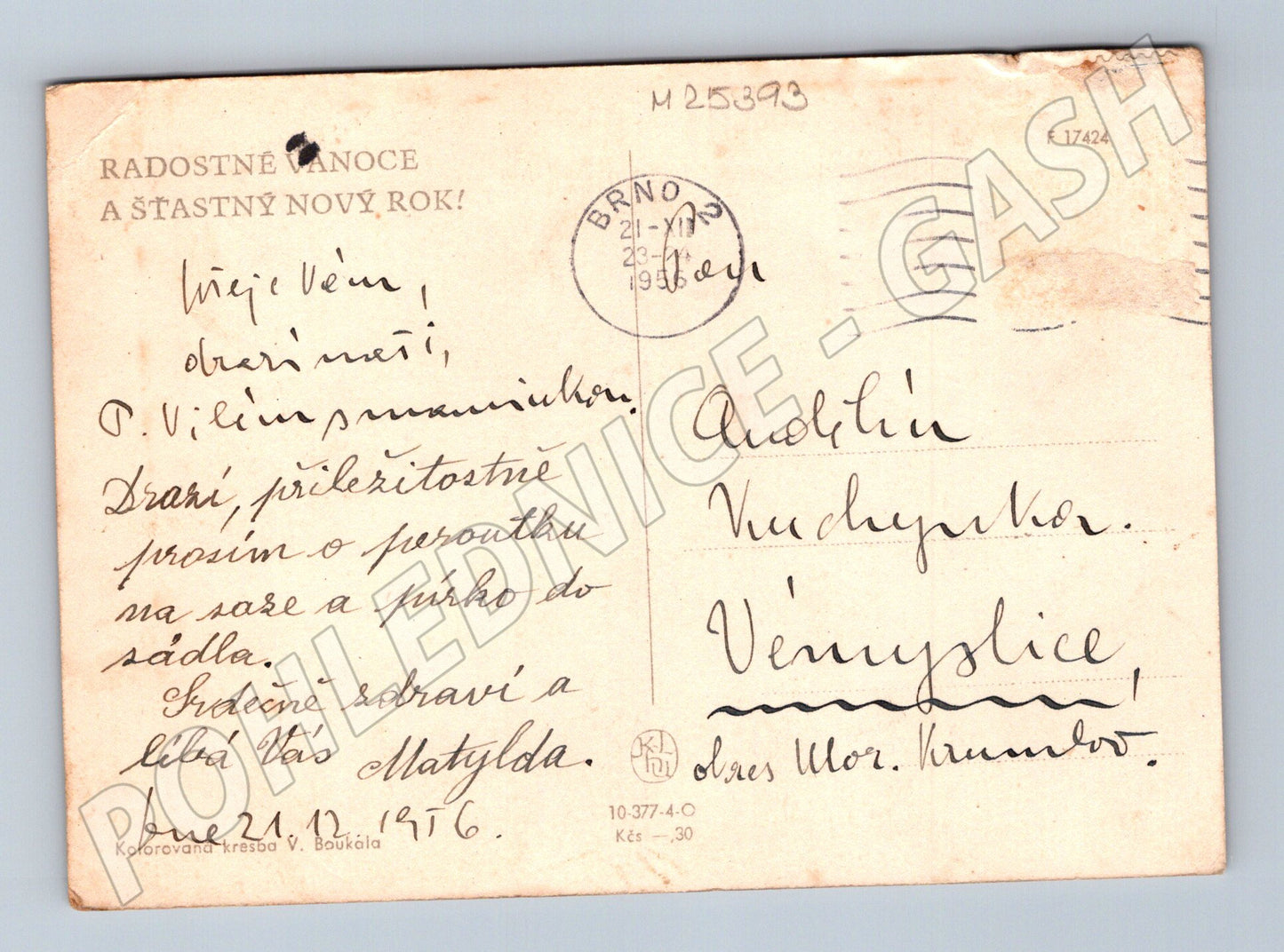 Pohlednice zimní scéna děti na saních 1935 (M25393)