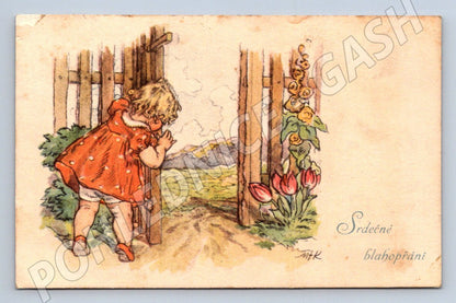 Postcard little girl with flowers greeting card (M2540)