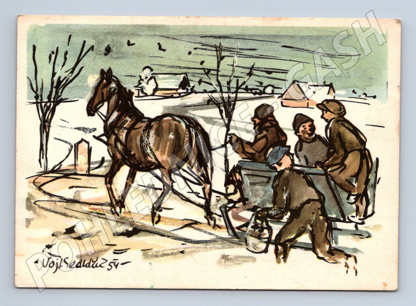 Pohlednice zimní motiv saně Voj. Sedláček 1954 (M25404)