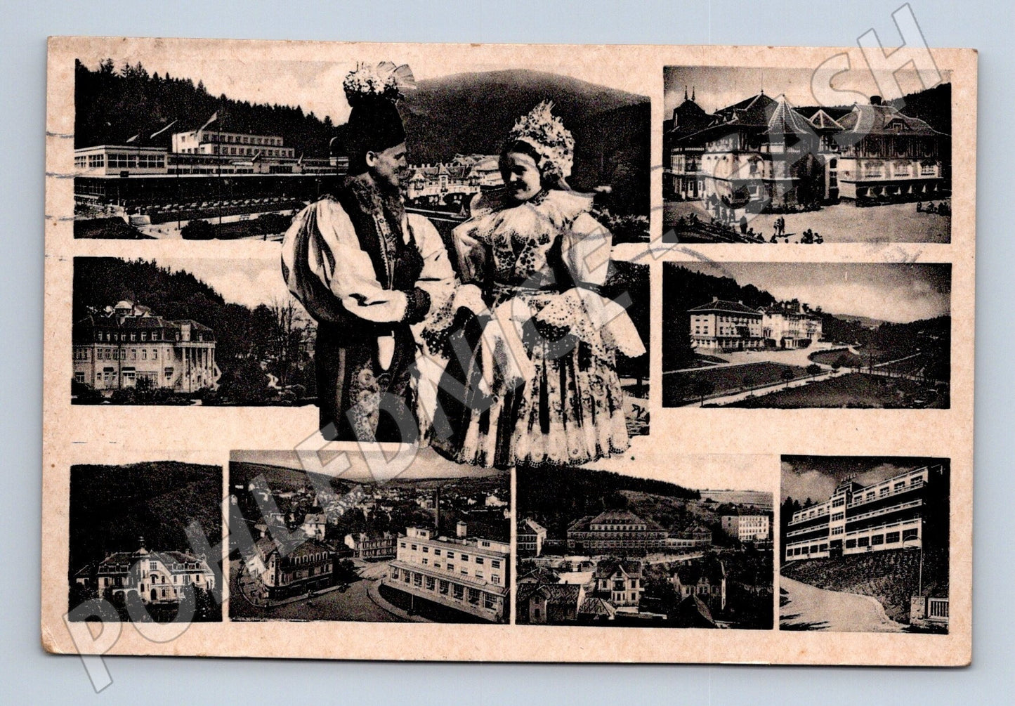 Pohlednice Luhačovice koláž s párem v kroji 1944 (M25478)