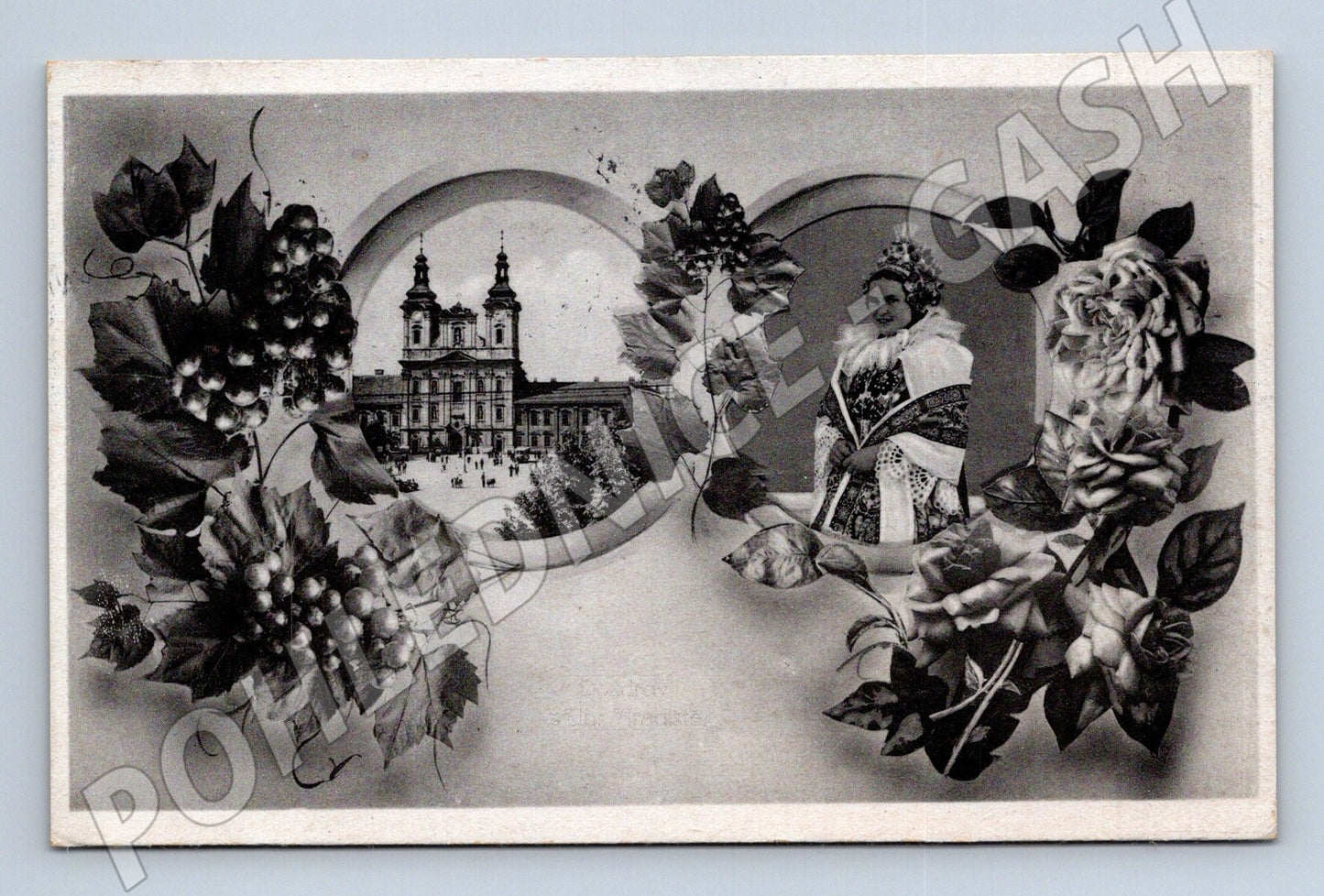Pohlednice Rakousko Schöngrabern kostel a žena v kroji 1945 (M25479)
