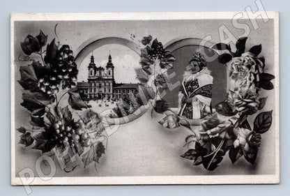 Pohlednice Rakousko Schöngrabern kostel a žena v kroji 1945 (M25479)