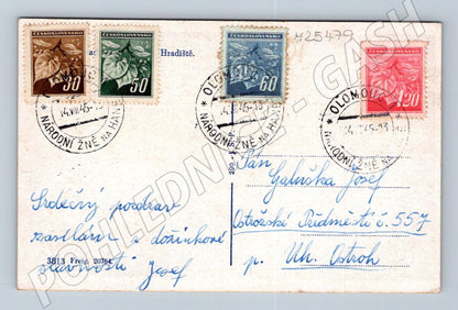 Pohlednice Rakousko Schöngrabern kostel a žena v kroji 1945 (M25479)