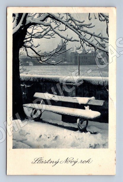Pohlednice Novoroční zimní scéna s lyžemi 1942 (M25510)