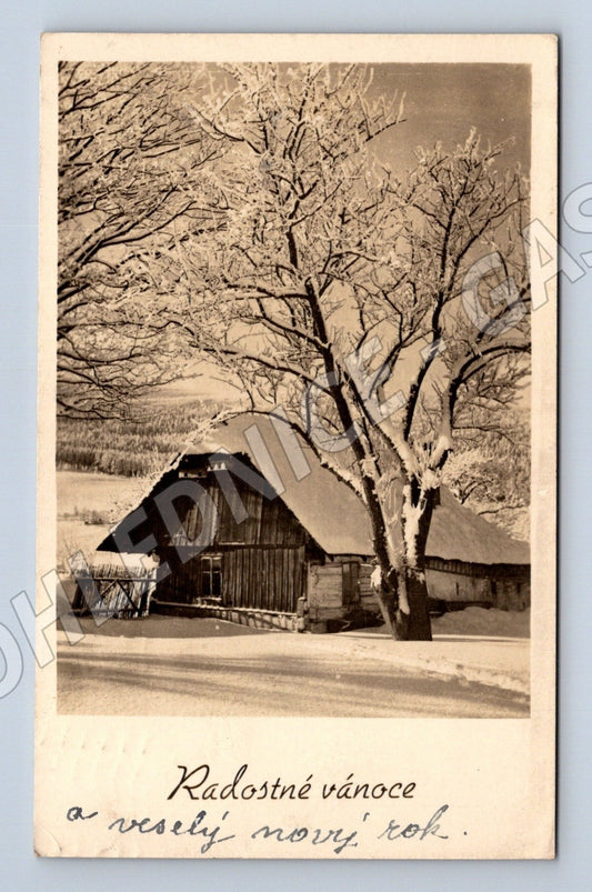 Pohlednice zimní chalupa Vánoce Nový rok 1953 (M25528)