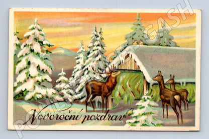 Pohlednice Novoroční pozdrav, zimní krajina, jeleni 1944 (M25544)