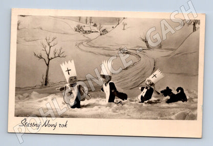 Pohlednice Novoroční motiv sněhuláků 1960 (M25571)