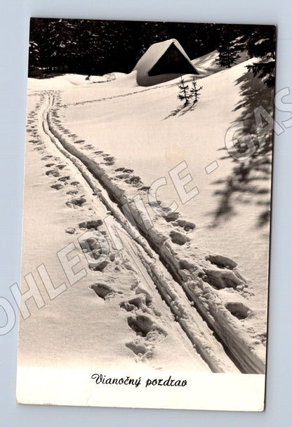 Pohlednice Slovensko zimní krajina lyžařská stopa 1961 (M25590)