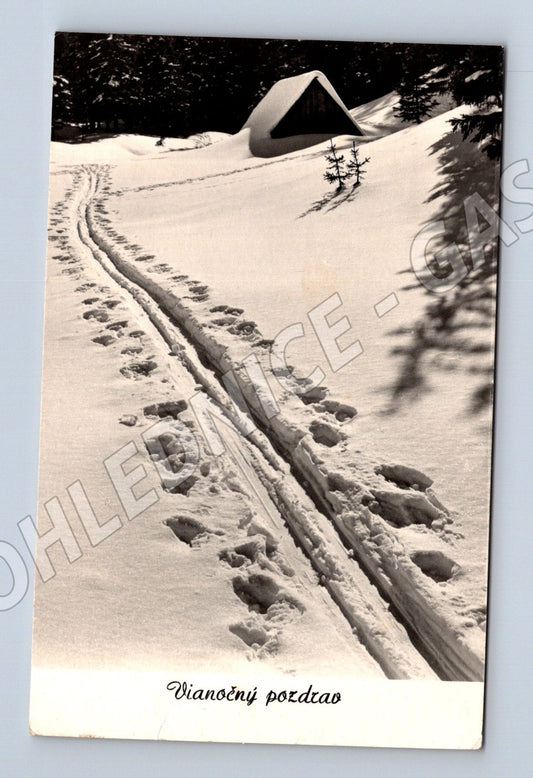 Pohlednice Slovensko zimní krajina lyžařská stopa 1961 (M25590)