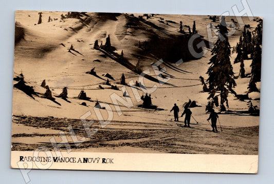 Pohlednice Vánoční Novoroční lyžaři 1920 (M25598)