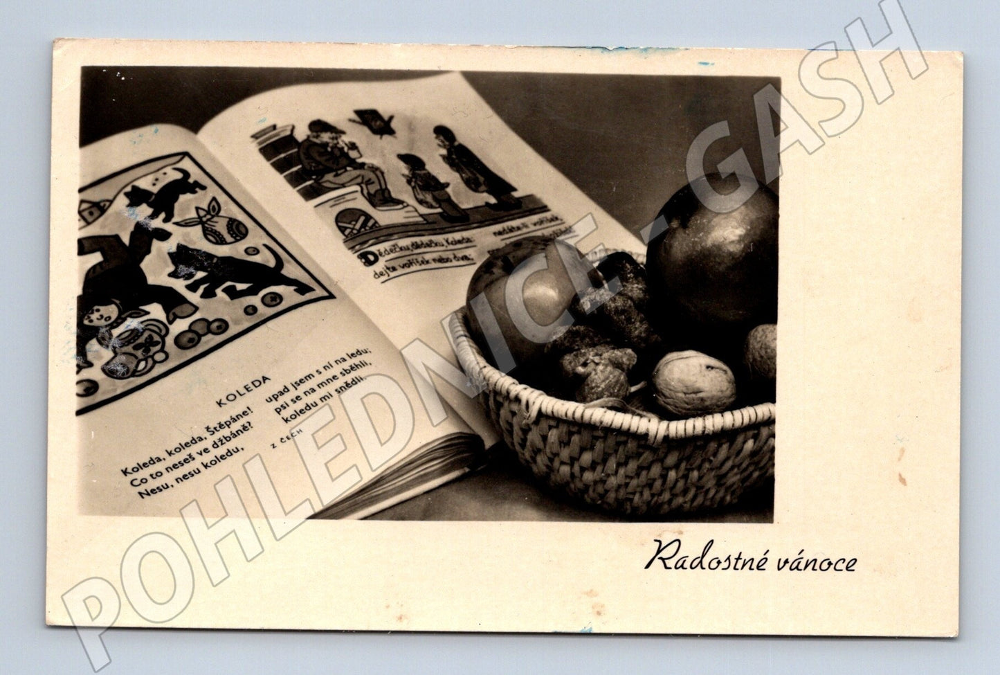 Pohlednice Vánoční motiv kniha košík 1945 (M25610)